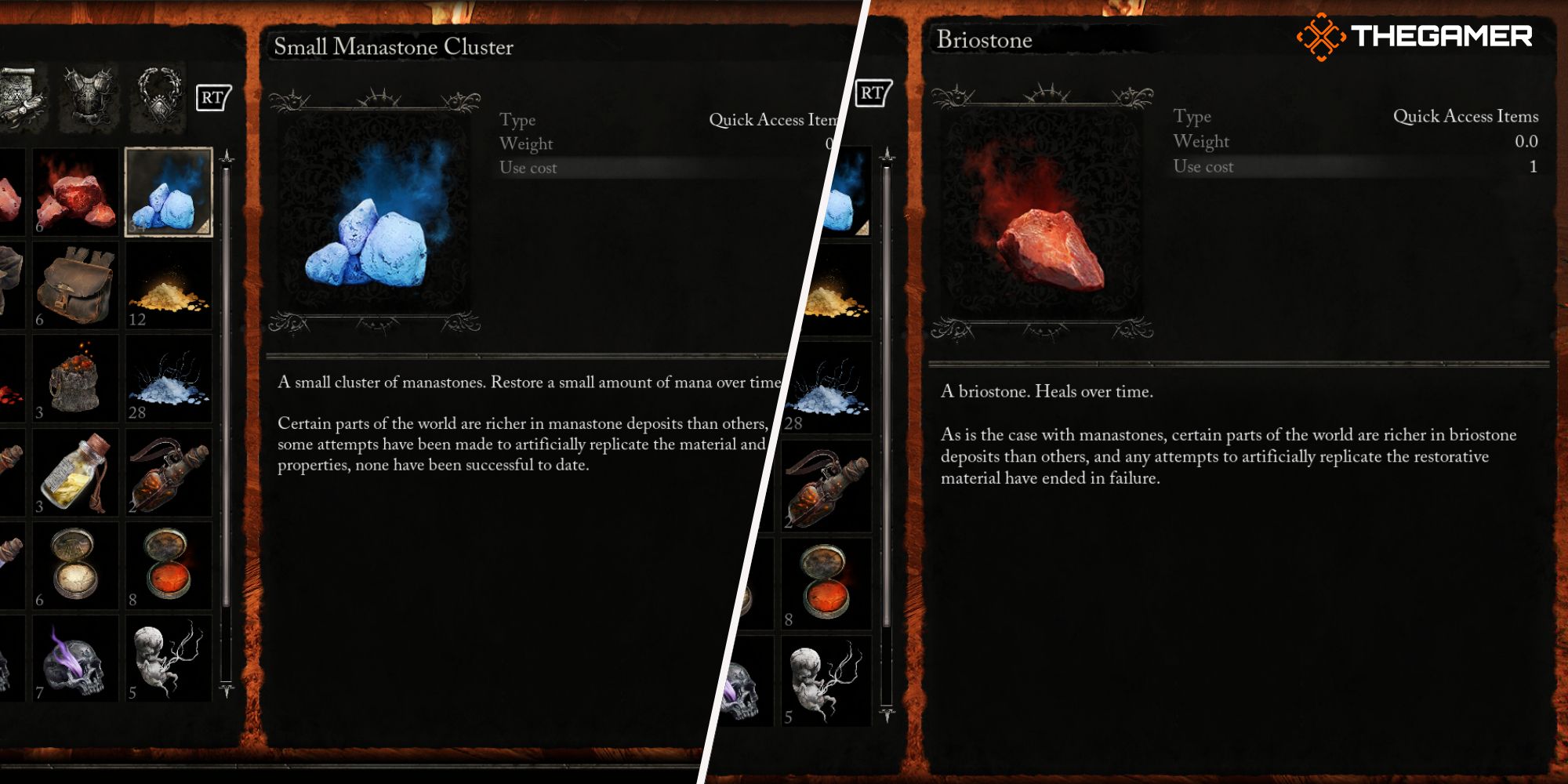 Left: Small Manastone Cluster item description - Right: Briostone item description Lords of the Fallen