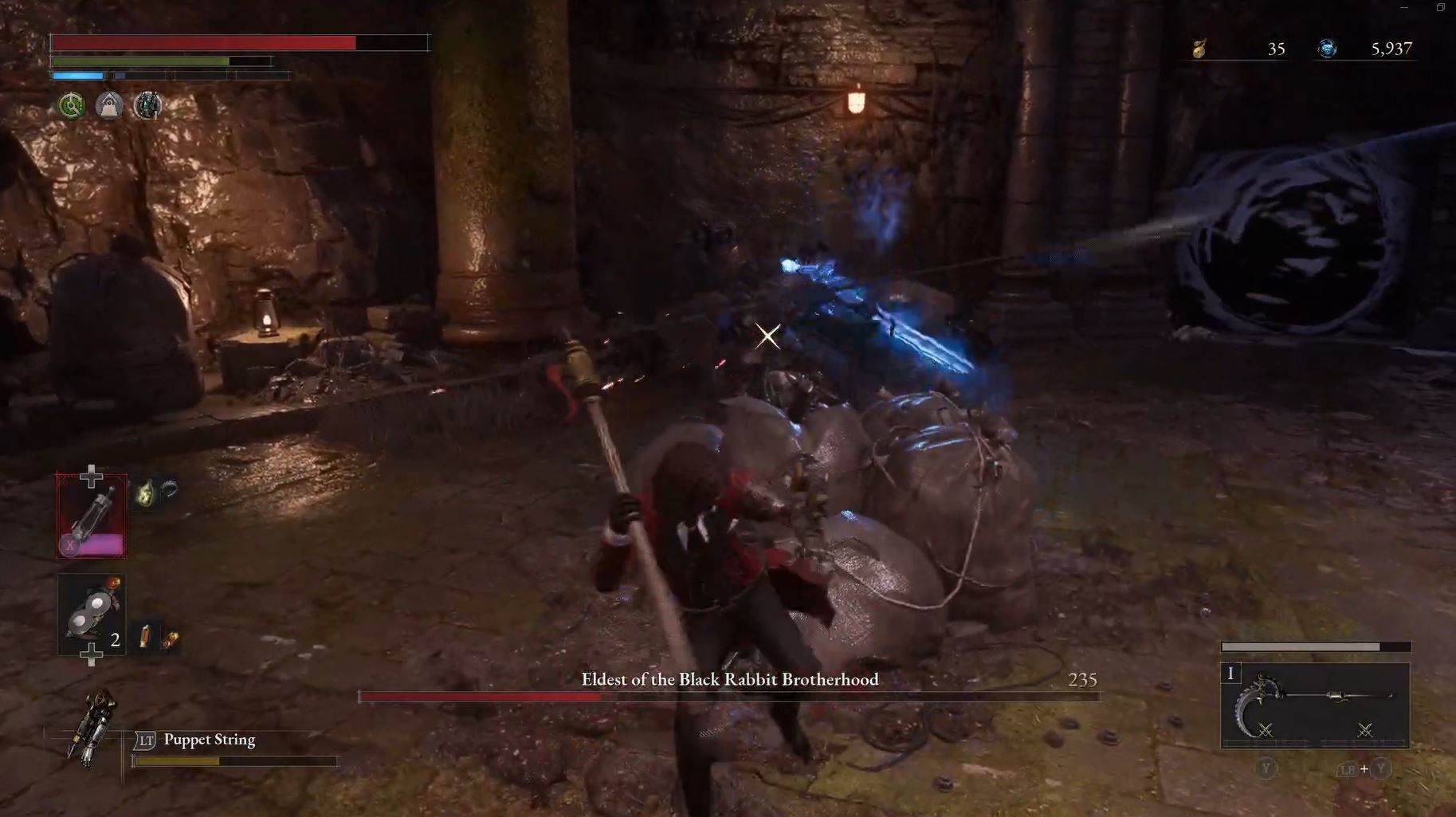 P uses Puppet Ripper whip attack to strike the Eldest Black Rabbit Brotherhood over pile of bags in Lies of P