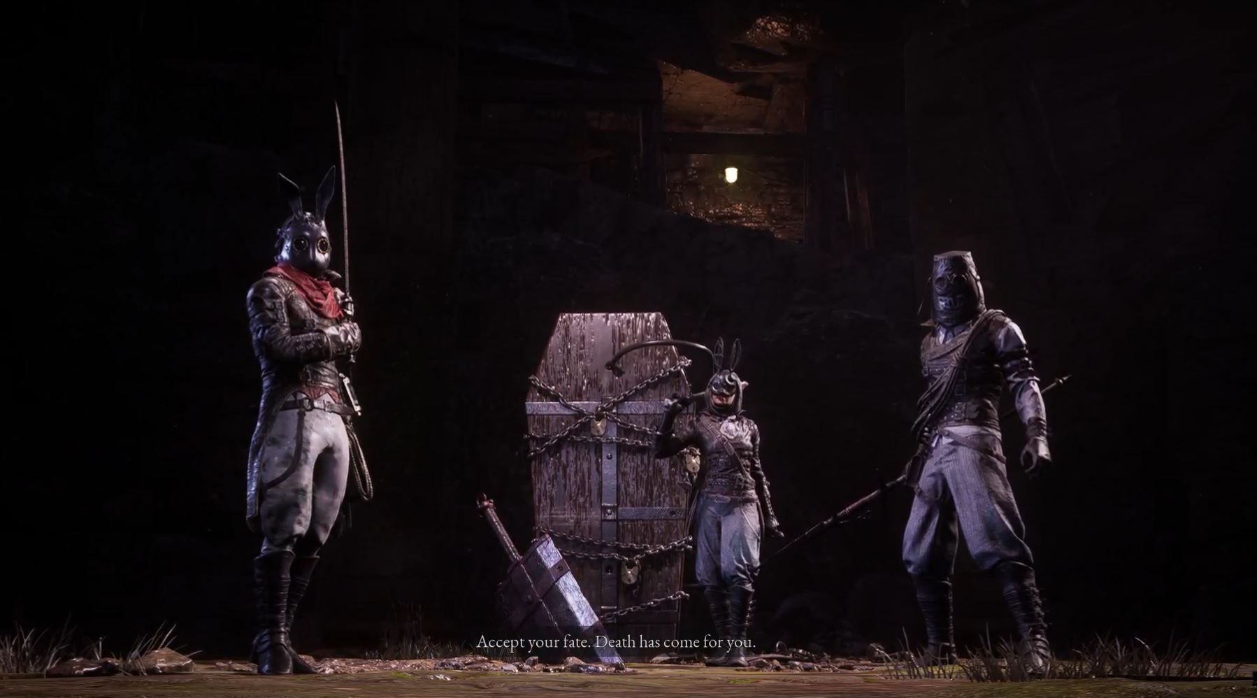 Black Rabbit Brotherhood poses next to eldest brother's coffin in second iteration of boss fight Lies of P