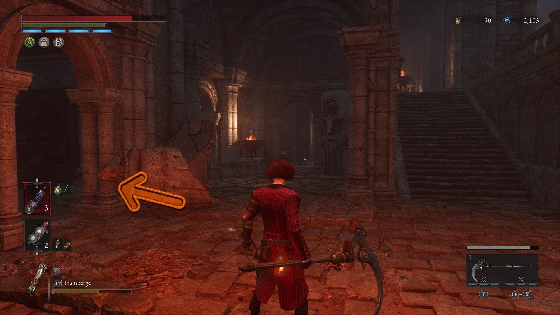 Arrow points from P into room to the left in first Arche Abbey path split Lies of P
