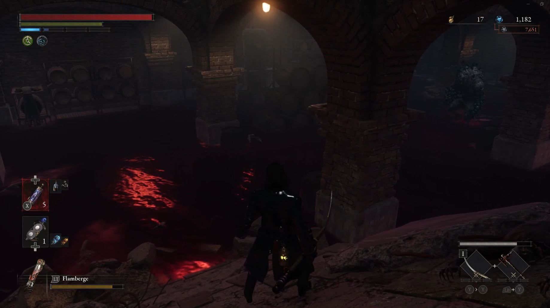 P Stands in cellar flooded with wine in Lies of P