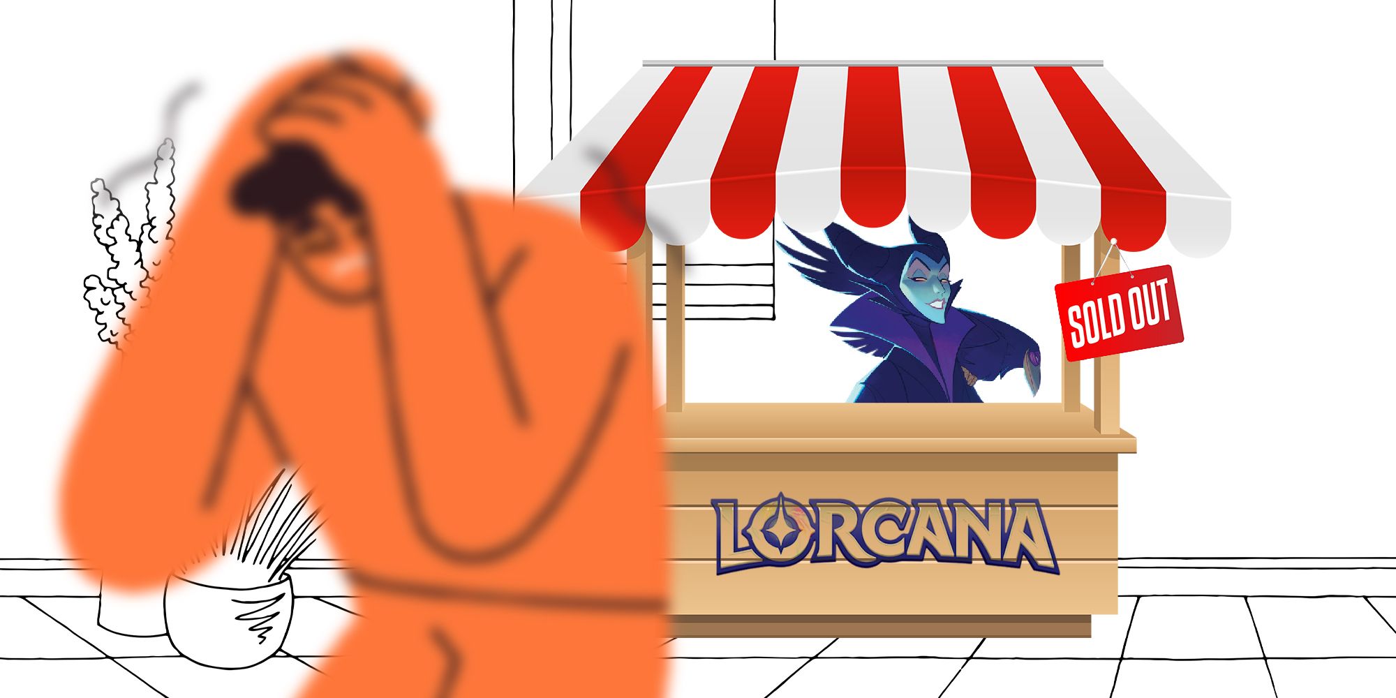 Someone holding their hand in their hands while in the background Maleficent is in a Lorcana stand with a 'Sold Out' sign.