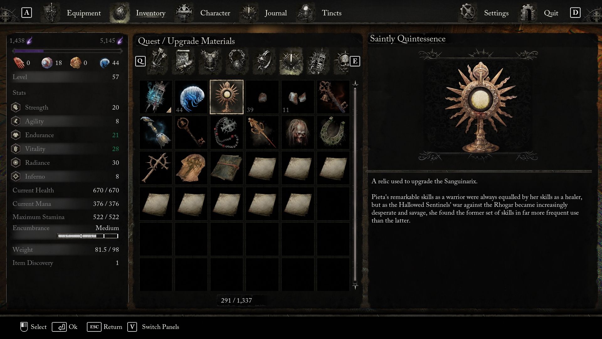 Lords of the Fallen - Saintly Quintessence description in the menu