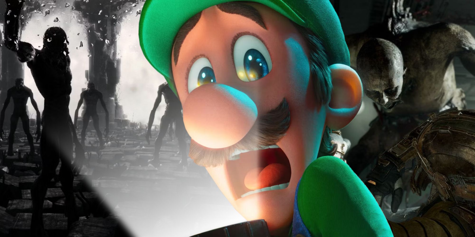Luigi screams in fear as scenes from Dead Space and Metro 2033 are displayed behind him
