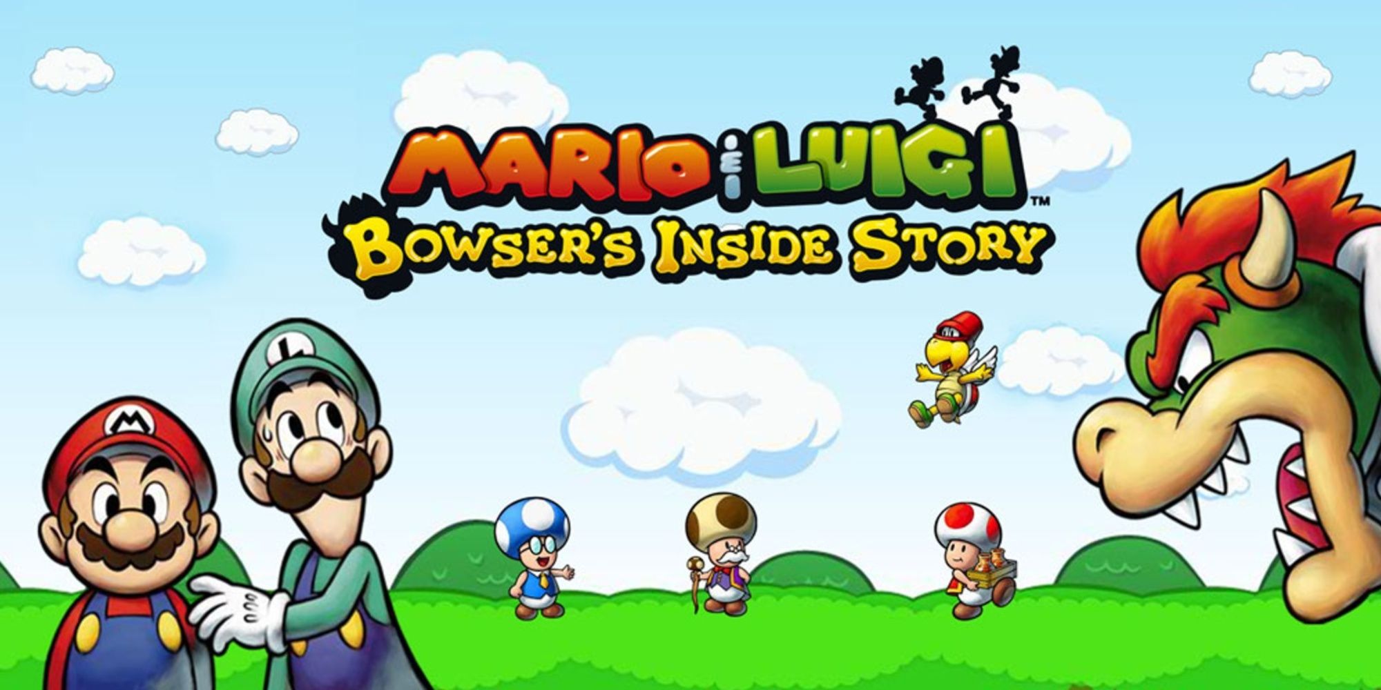 Mario & Luigi Bowser's Inside Story official art with Mario and Luigi on the left and Bowser on the right with Toads in the middle
