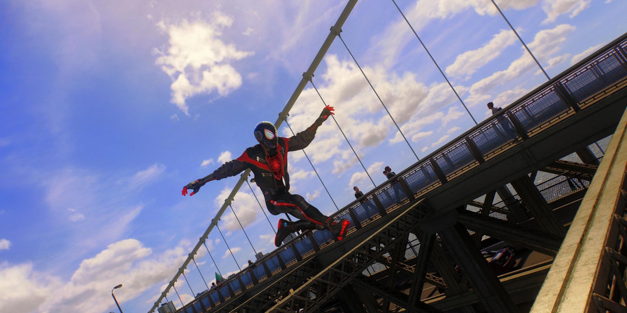 Marvel's Spider-Man 2 Miles jumping across the rungs of the Brooklyn Bridge