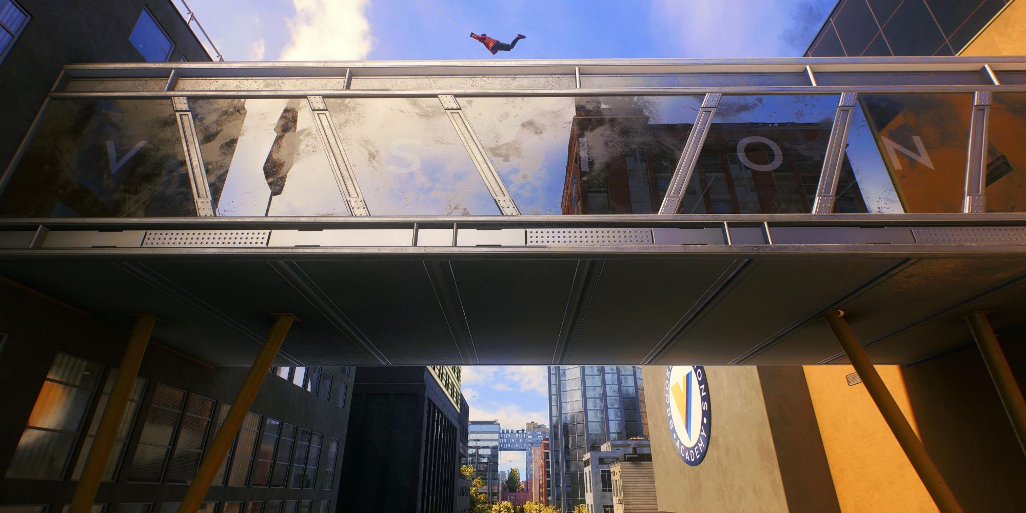 Marvel's Spider-Man 2 Miles swinging over the Brooklyn Visions walkway