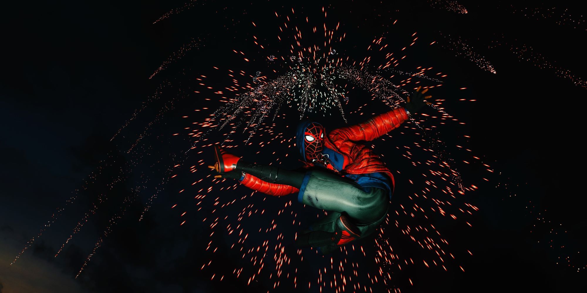 Marvel's Spider-Man 2 Miles trick swinging in front of a firework