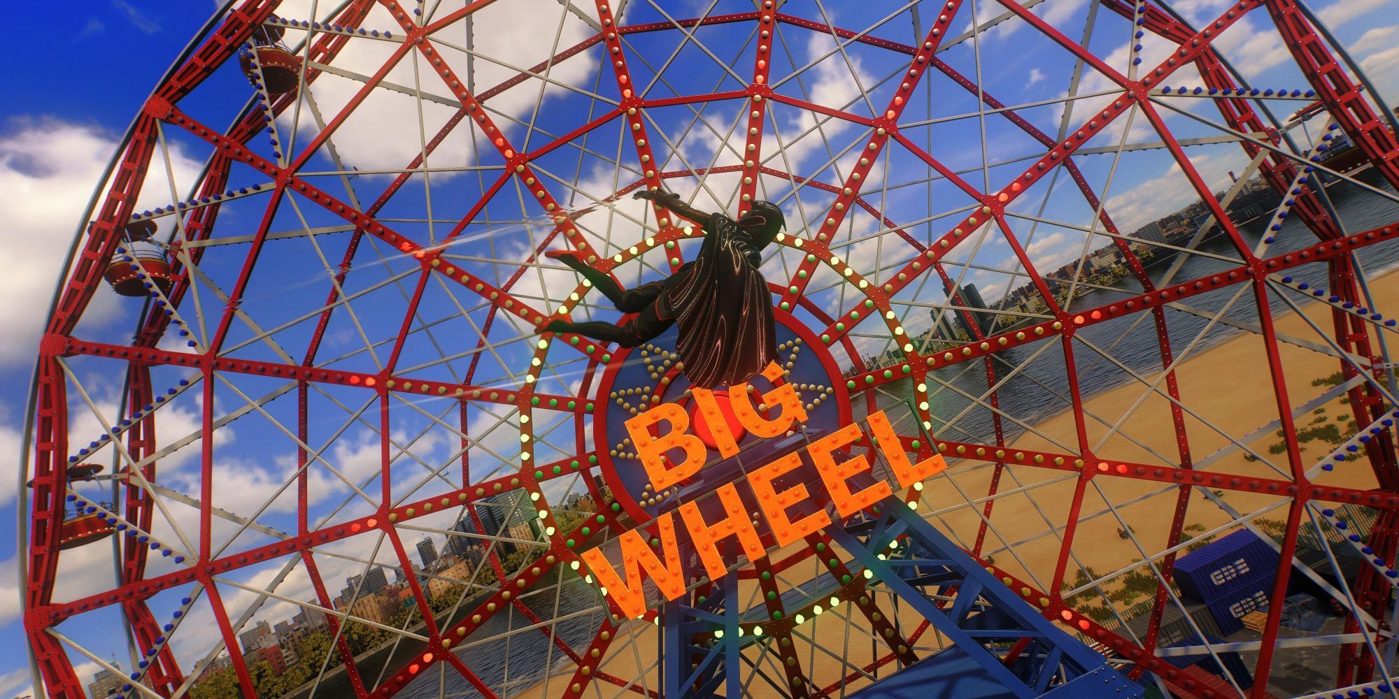 Marvel's Spider-Man 2 Peter gliding past the Coney Island ferris wheel
