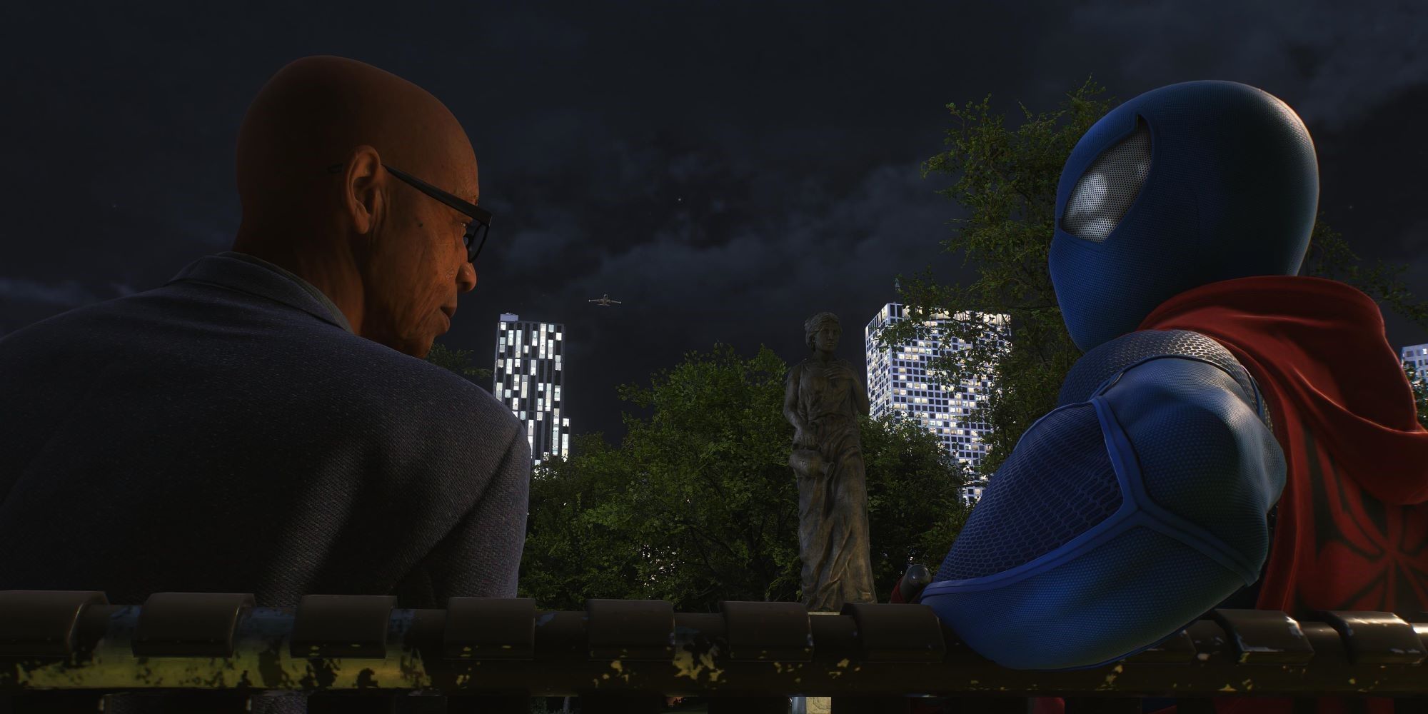Marvel's Spider-Man 2 Peter talking to an old man on a bench at night