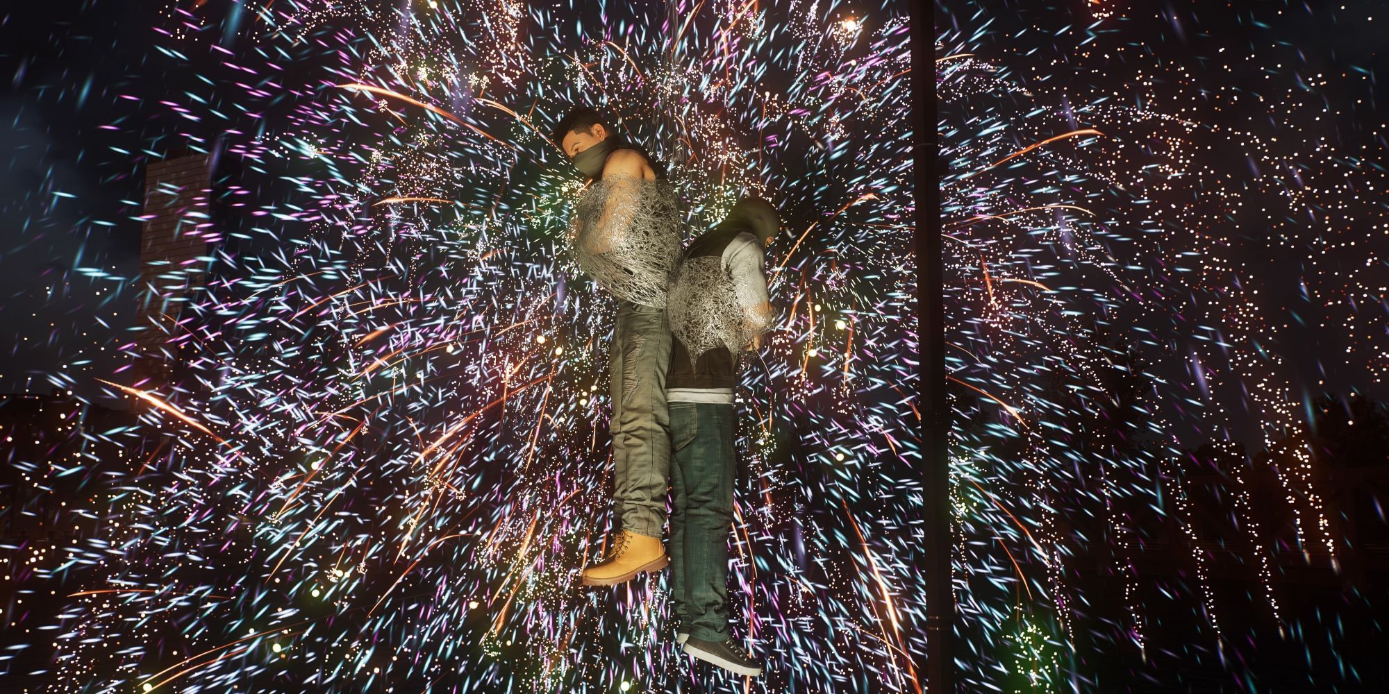Marvel's Spider-Man 2 two criminals webbed up as fireworks explode behind them