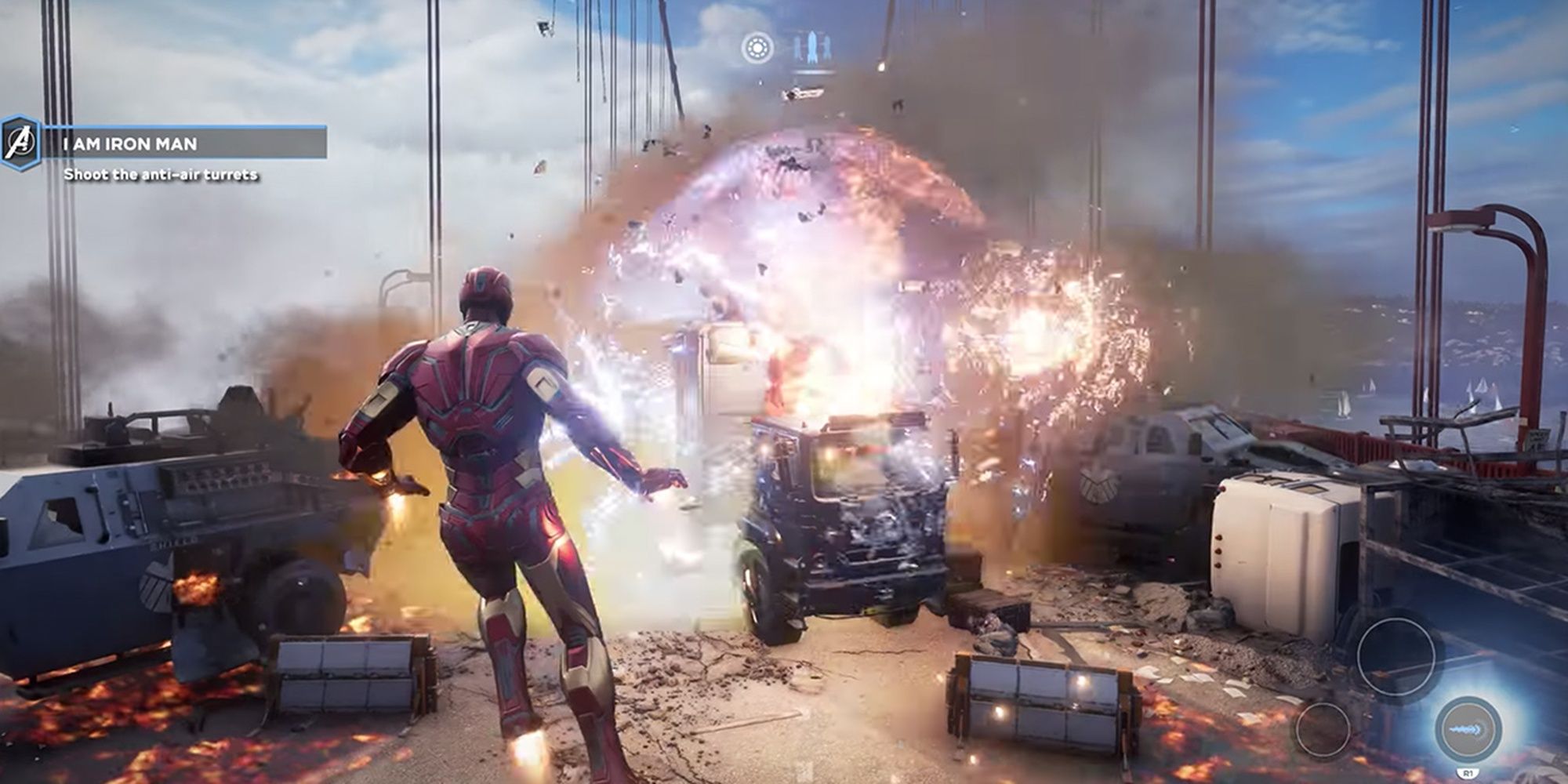 Marvels Avengers: Iron Man Using His Repulsor Beams On A Bridge