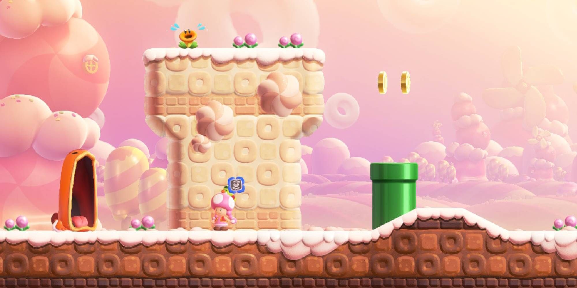 super mario wonder toadette about to be eaten by a maw maw
