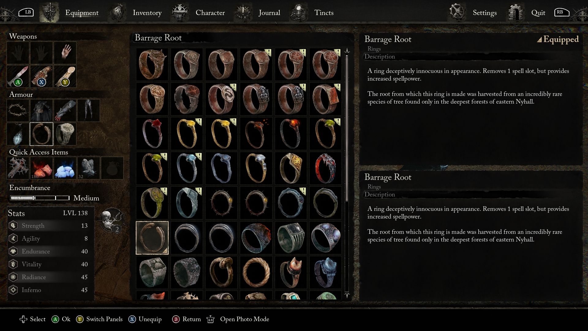 Menu showing the rings available in Lords of the Fallen