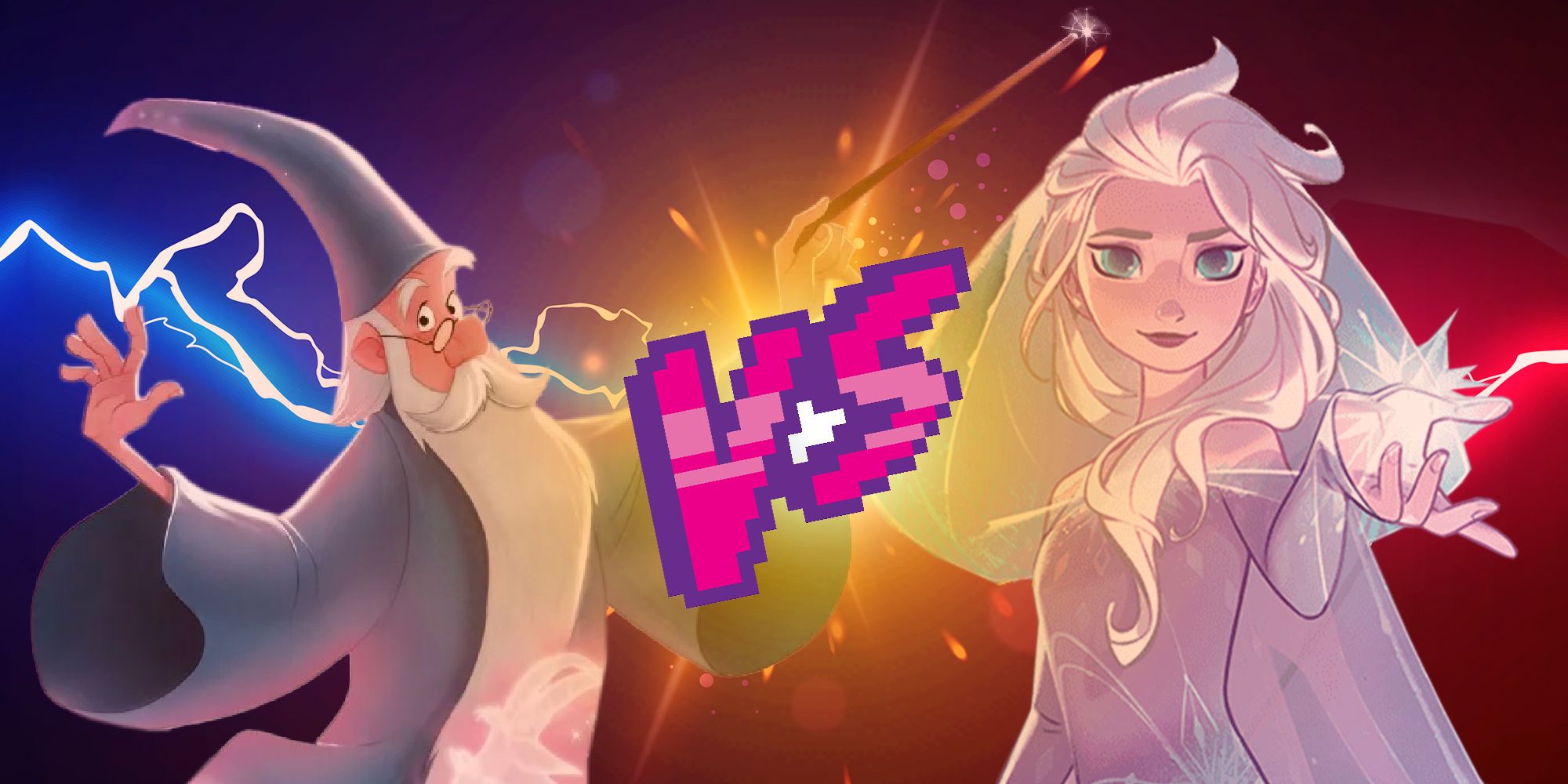 Merlin vs Elsa, with their Lorcana art styled like epic rap battles of history