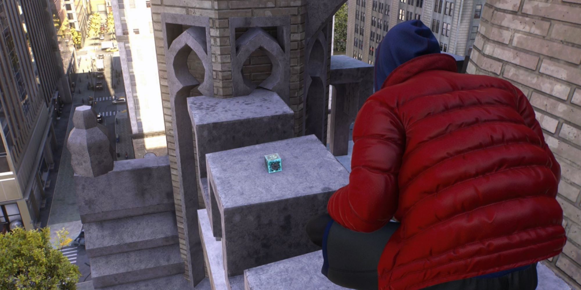 Miles Morales looking at Phin's science fair trophy in Spider-Man 2