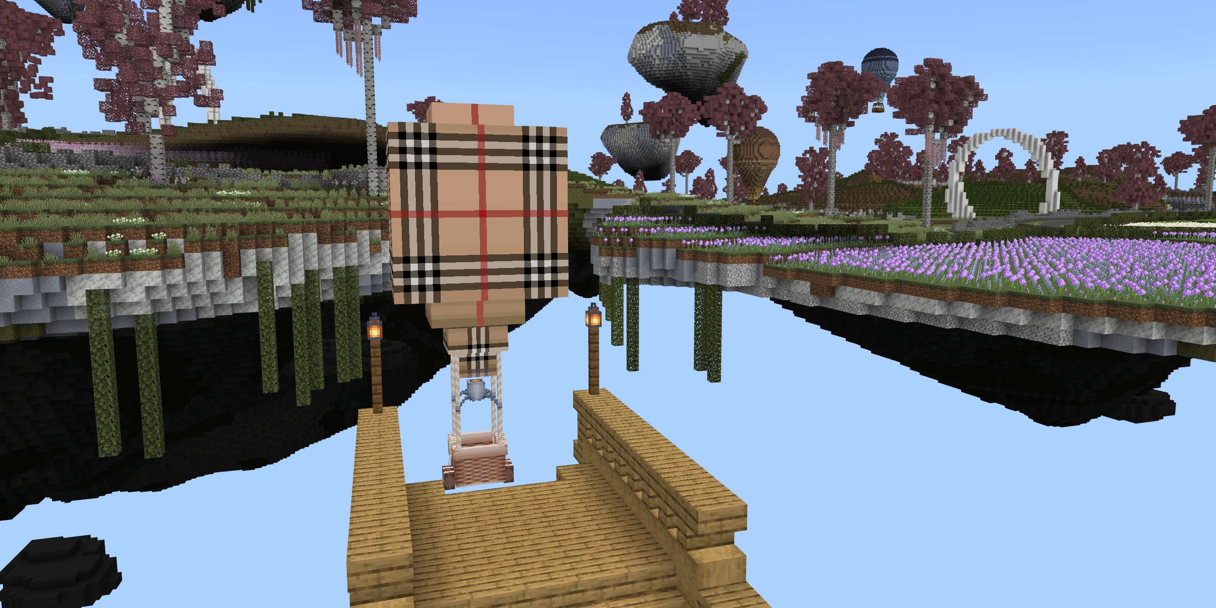 Image of a custom map in the Minecraft Burberry DLC, showing a plaid patterned hot air balloon.
