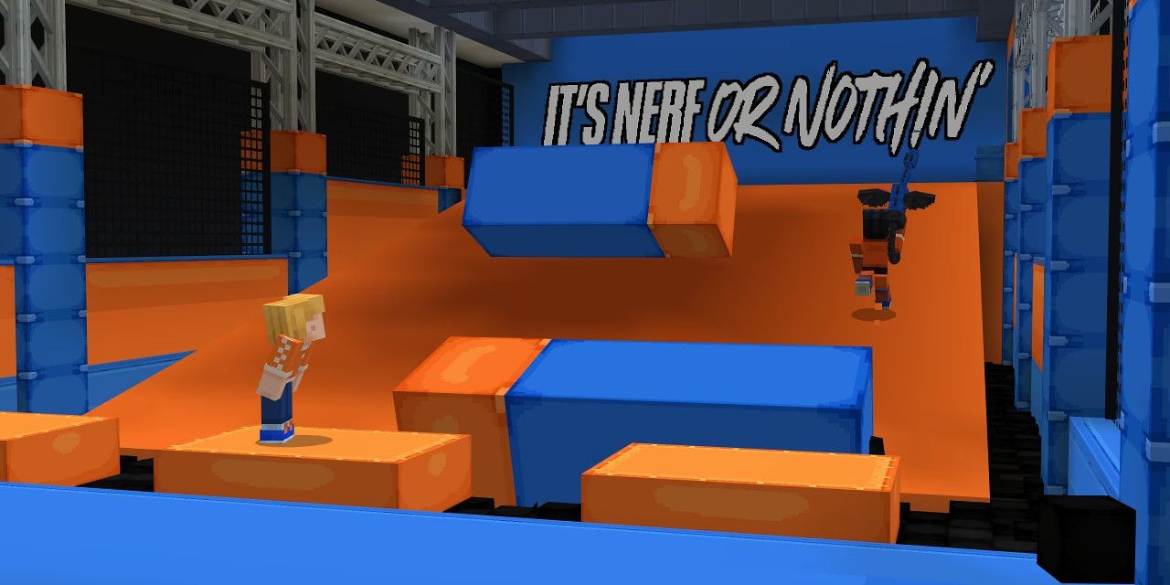 Screenshot of two Minecraft characters in a blue and orange play area, with the slogan "It's NERF or nothin'" visible in the background.