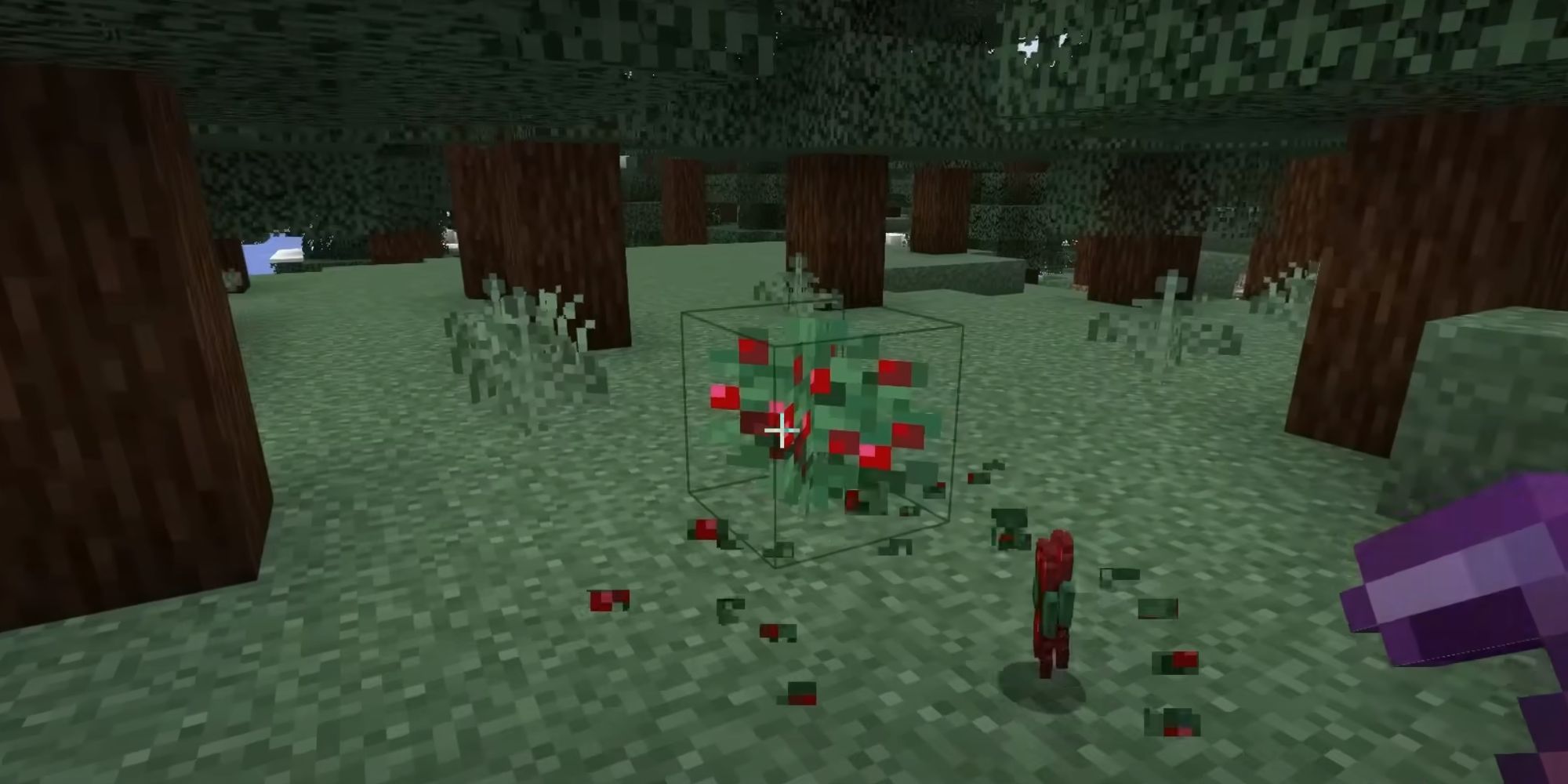 A green and red sweet berry bush being hit by a Fortune pickaxe.