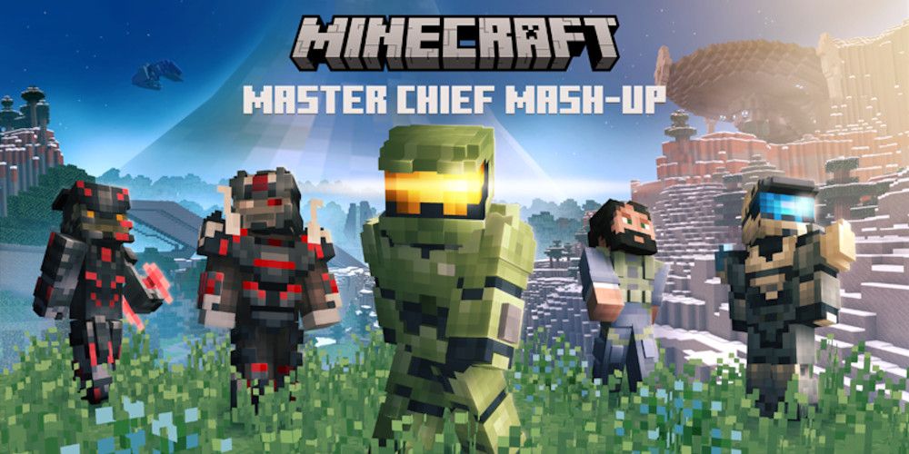 Promo image of the "Master Chief Mash-Up" DLC from Minecraft, showing a minecraft version of Master Chief and other Halo characters.