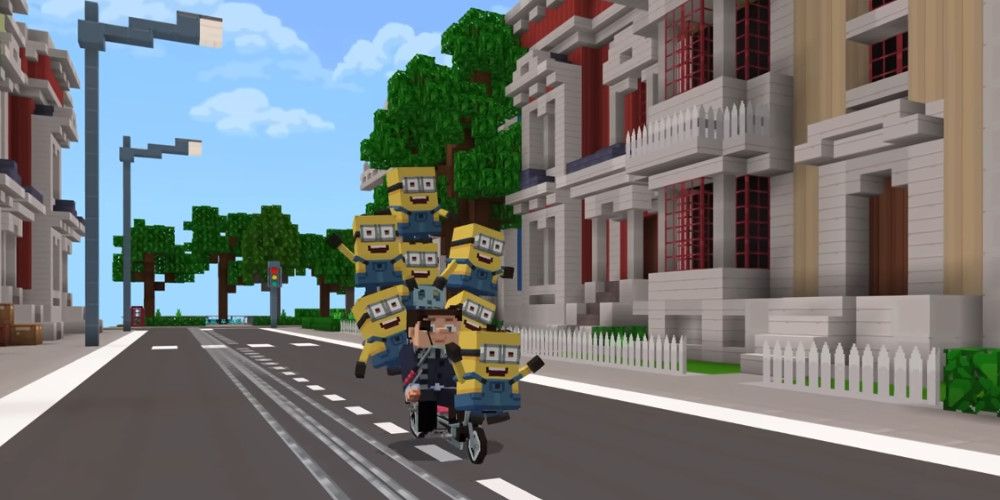 Image of several Minions and a minecraft version of Gru riding a bicycle together down a street in Minecraft.