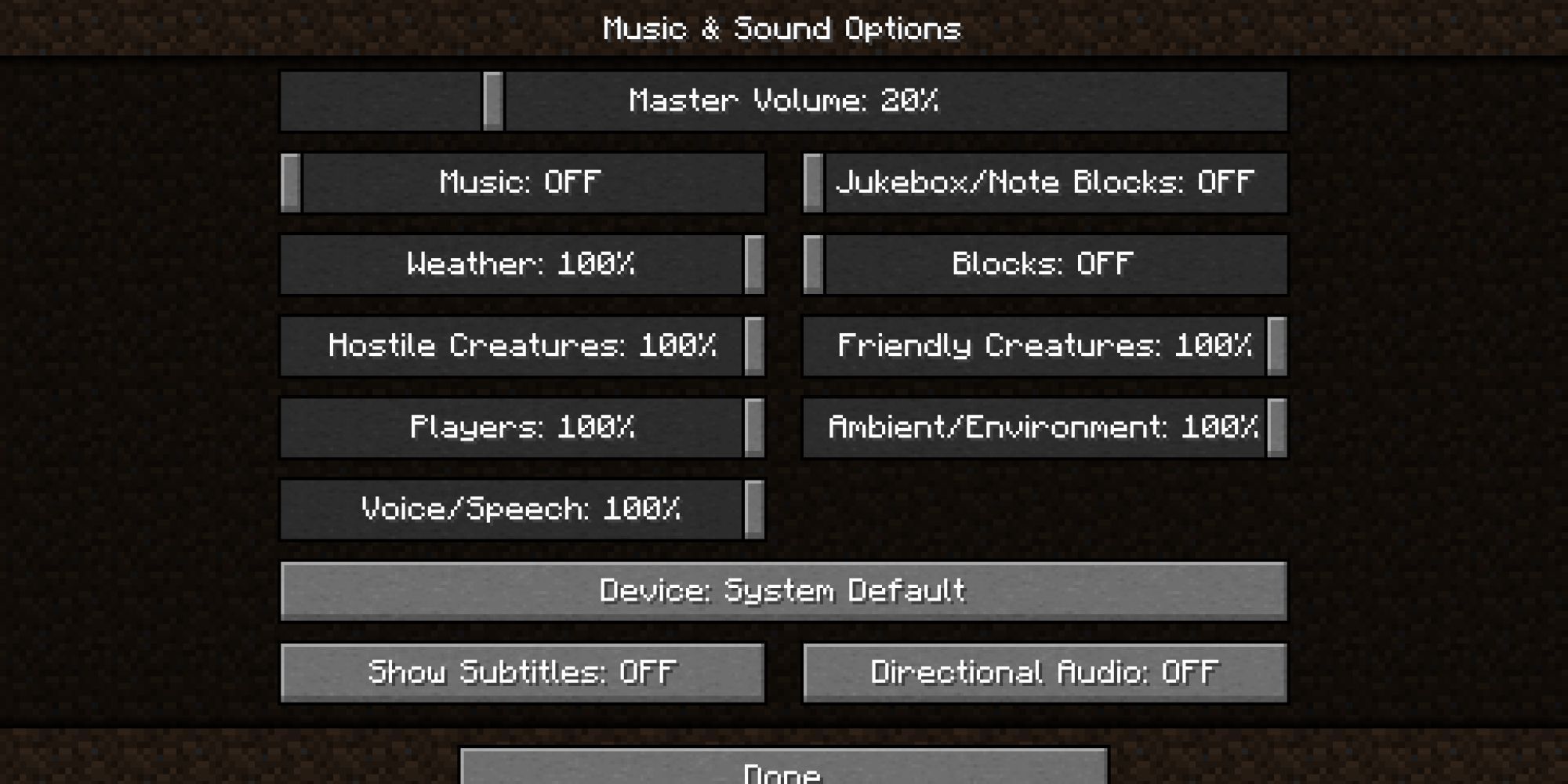 The Music and Sounds settings in Minecraft, with the subtitles being found in the bottom left.