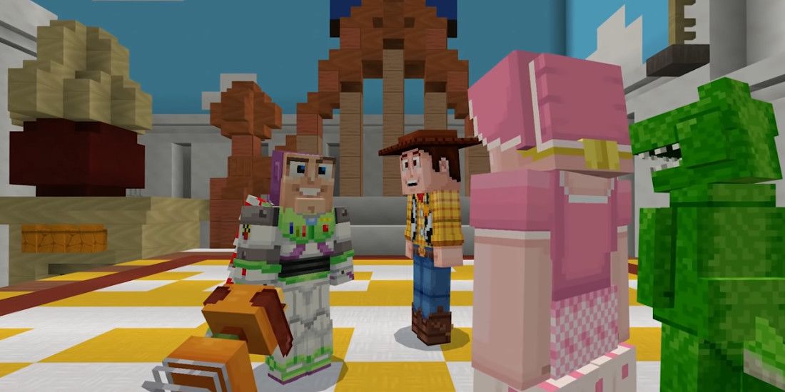 Image of Minecraft versions of Bo Peep, Rex, Buzz Lightyear, Slinky Dog, and Woody from Toy Story