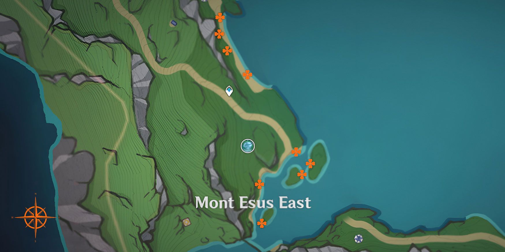 A map of a part of fontaine in Genshin Impact hightlighting the locations of some lumitoiles a regional specialty from Fontaine. On the bottom left corner, there is a small compass for better navigation.