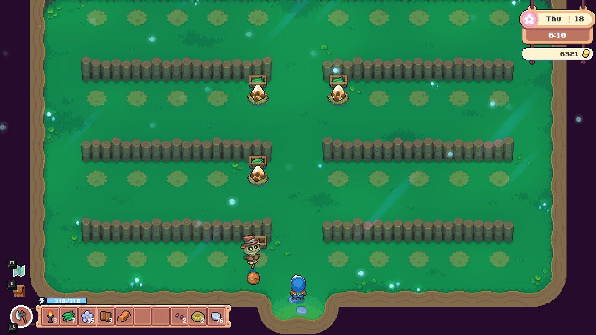 Shows the inside of the spirit barn with a piece of clay next to an earth spirit in Moonstone Island.
