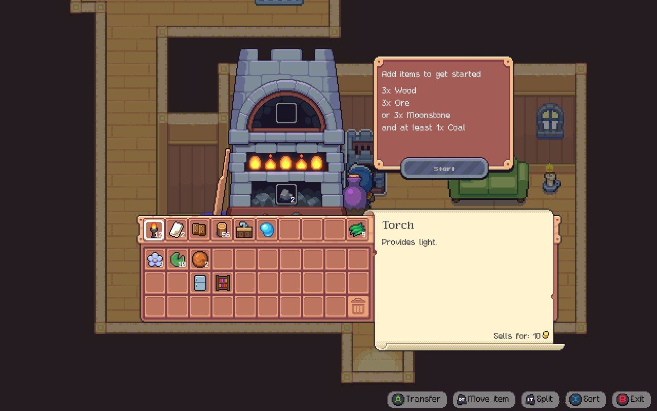 The furnace menu displaying an empty smelting slot and two coal in the fuel slot.