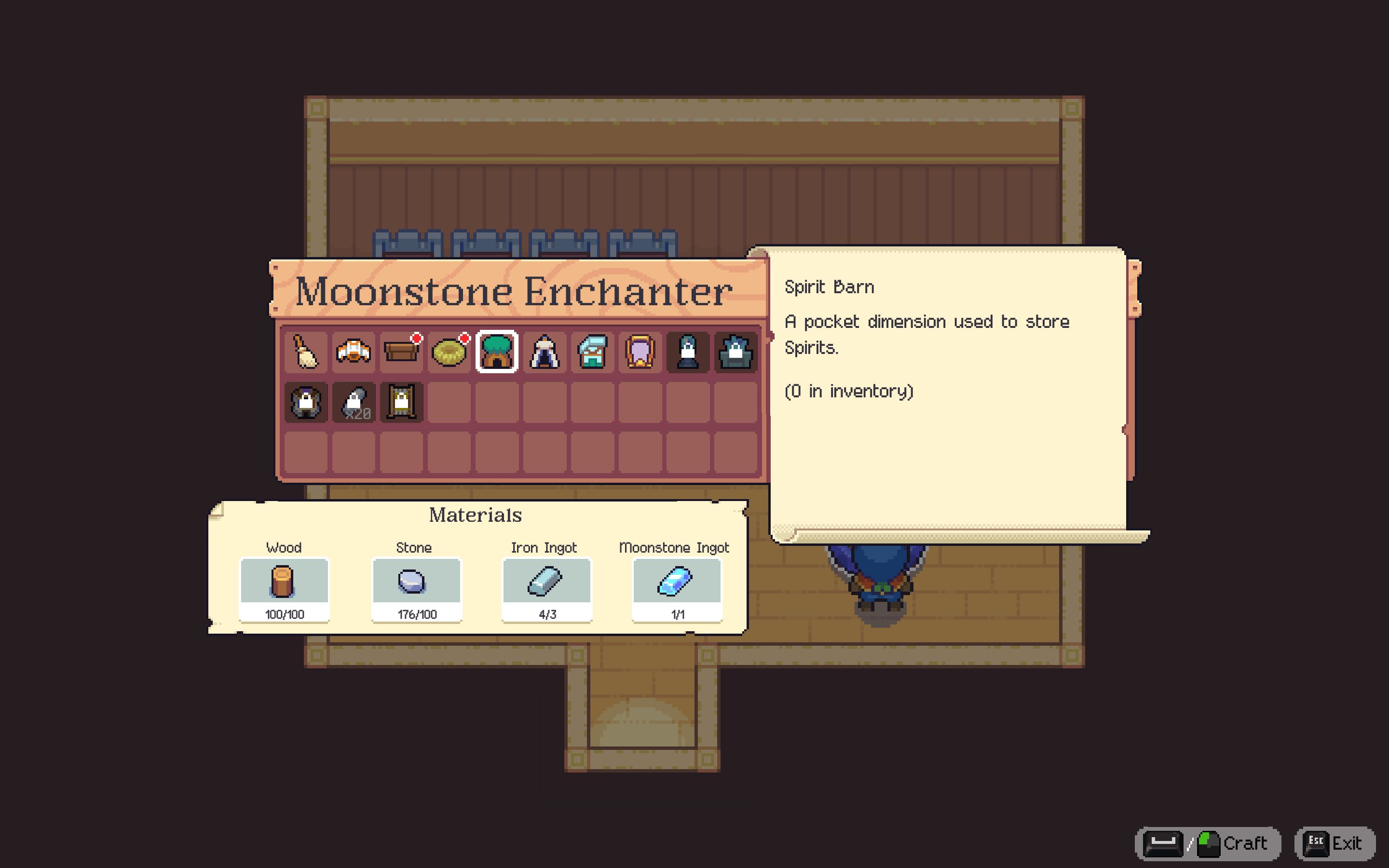 Shows the Moonstone Enchanter's recipe for the Spirit Barn in Moonstone Island.