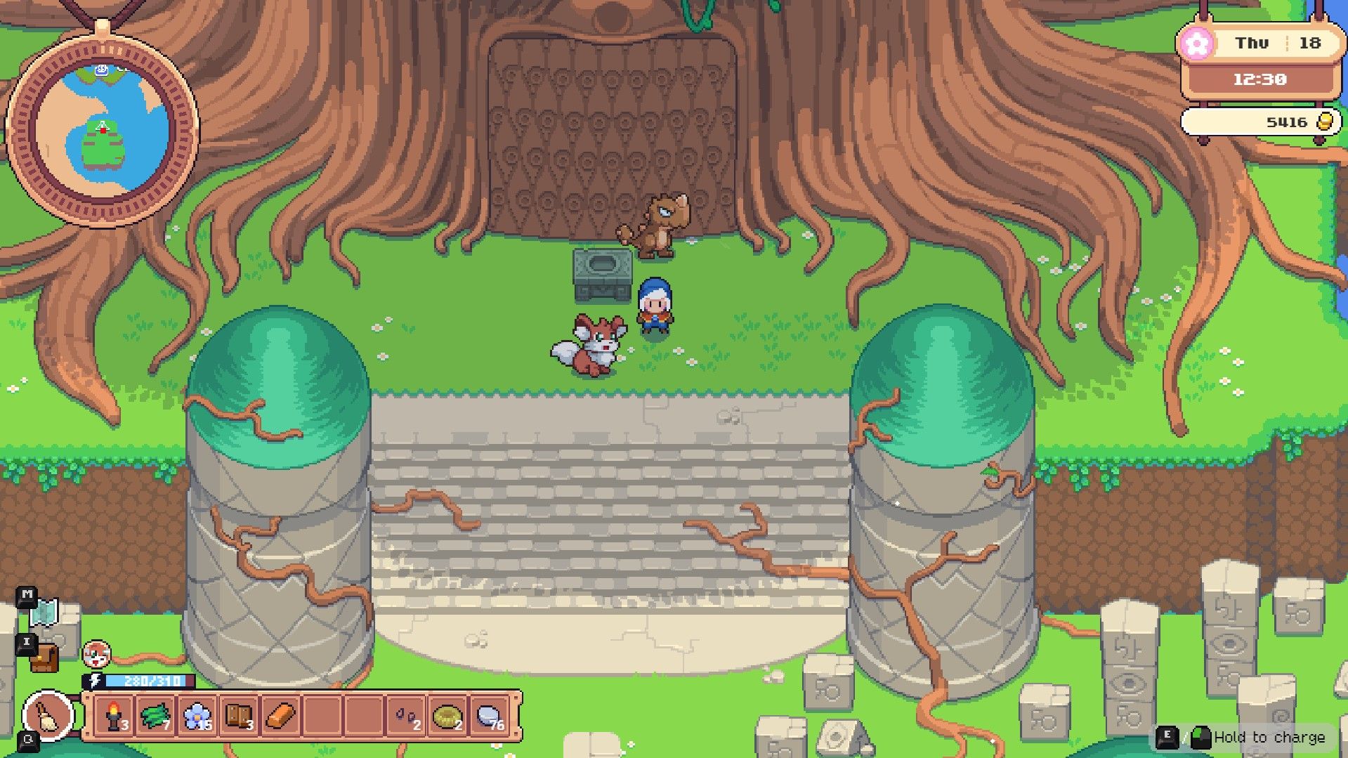 The Spering Temple in Moonstone Island with the player standing in front of it.