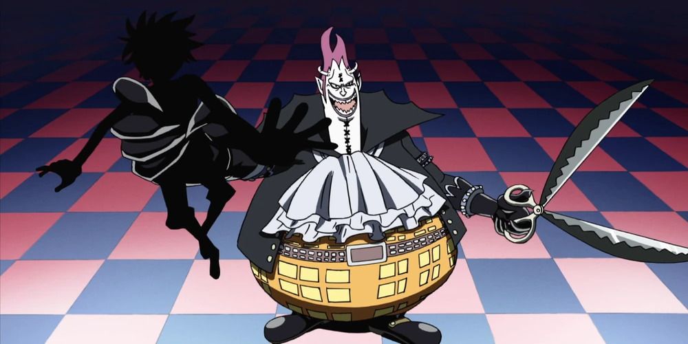 Moria holding up Luffy's shadow after severing it from his body.