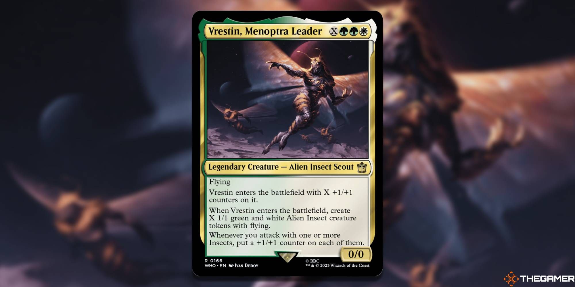 MTG Vrestin, Menoptra Leader card and art background