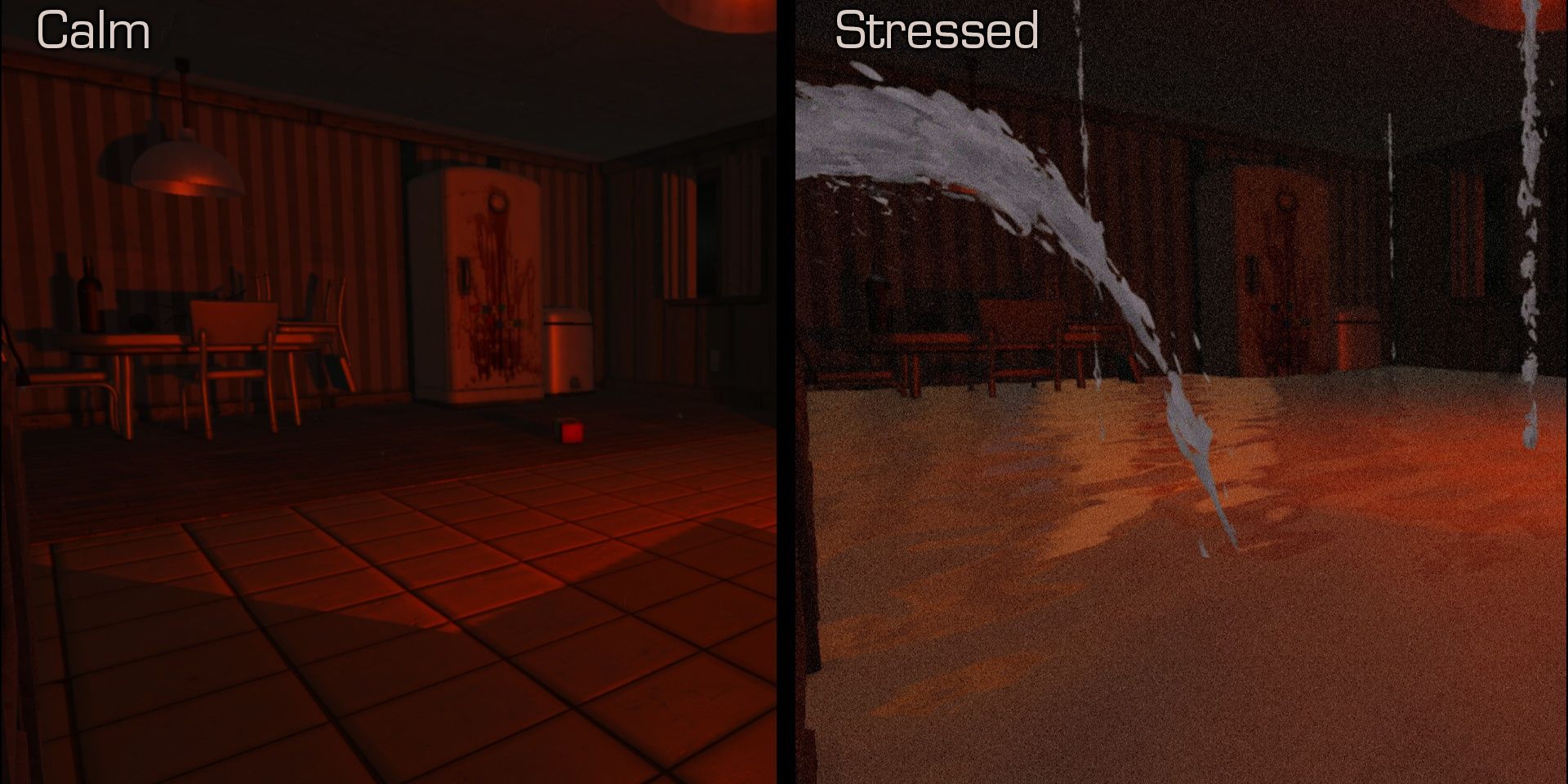A spooky kitchen in Nevermind, relatively normal when you're calm (left) and filling with water when you're stressed (right)