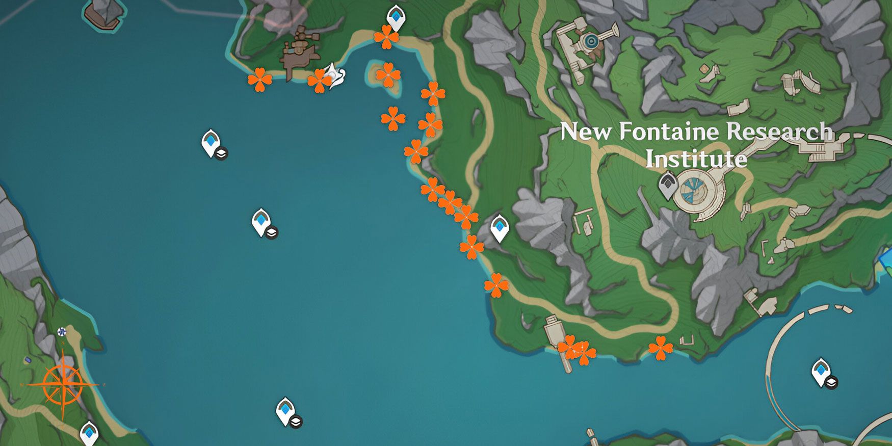 A map of the New Fontaine Research Institute part of Fontaine in Genshin Impact hightlighting the locations of some lumitoiles a regional specialty from Fontaine. On the bottom left corner, there is a small compass for better navigation.
