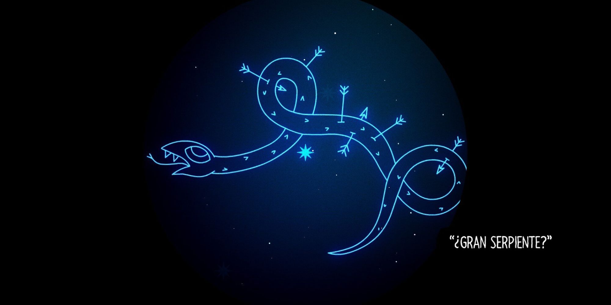 A blue constellation in the night sky depicting a serpent.