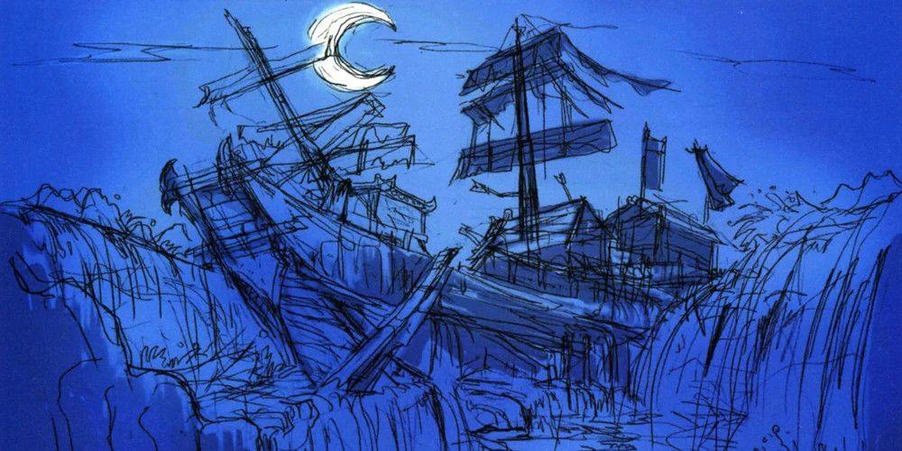 Screenshot showing the sunken ghost ship from Okami