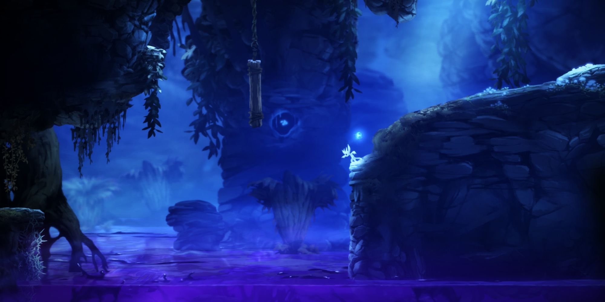 A purple and blue, 2D level with a pool of violet liquid at the bottom.