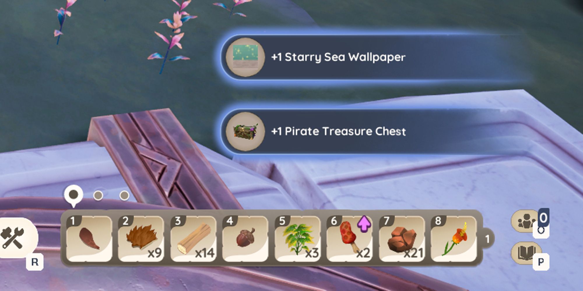 zoomed in palia UI showing starry sea wallpaper and pirate treasure chest reward from primsbeards voyage