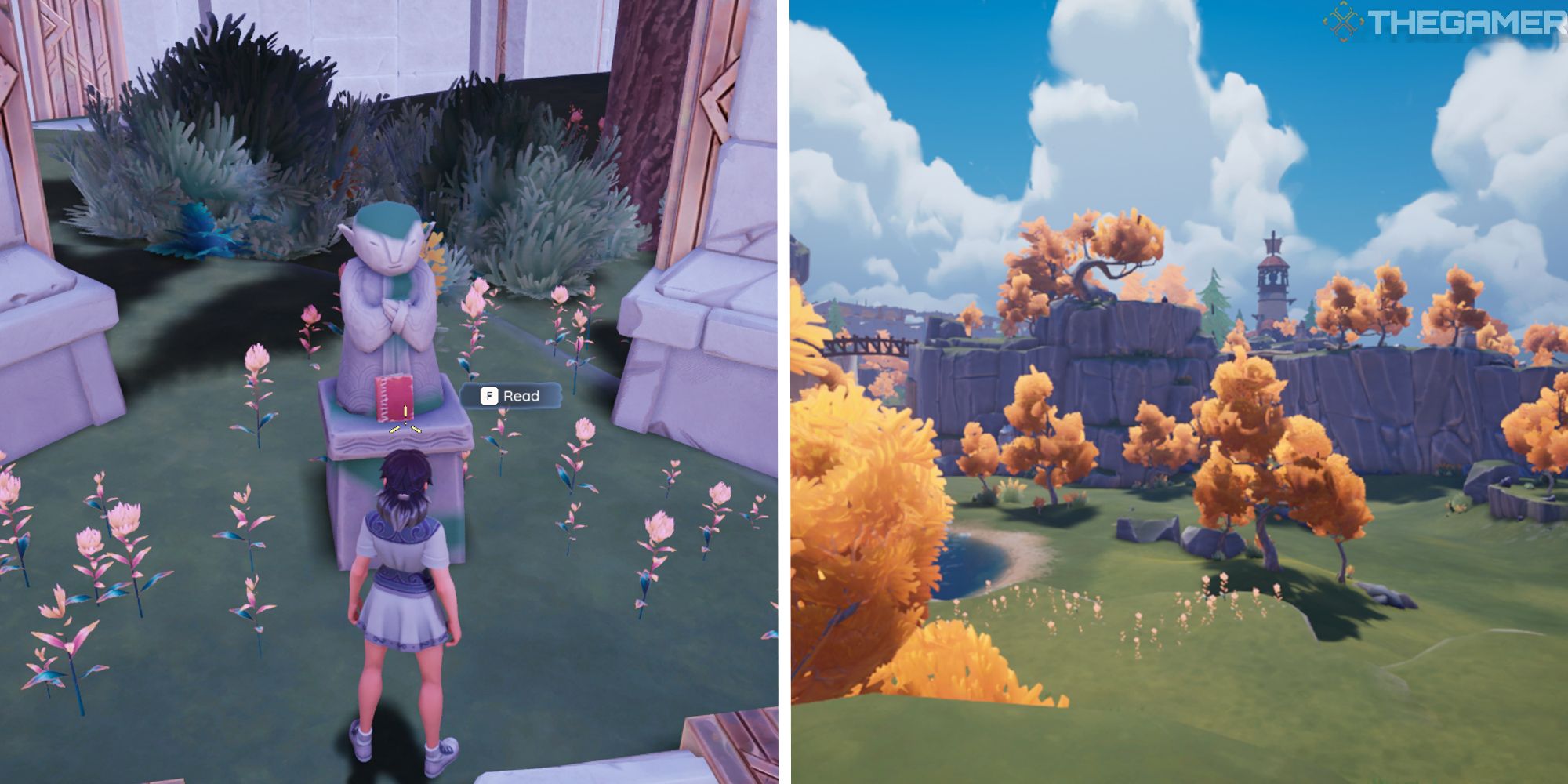 palia split image showing player at prismbeards voyage statue next to image of bahari bay
