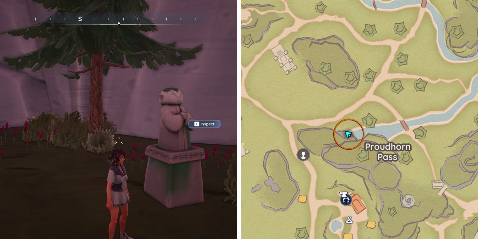split image showing player standing next to a statue, next to image of location circled on map