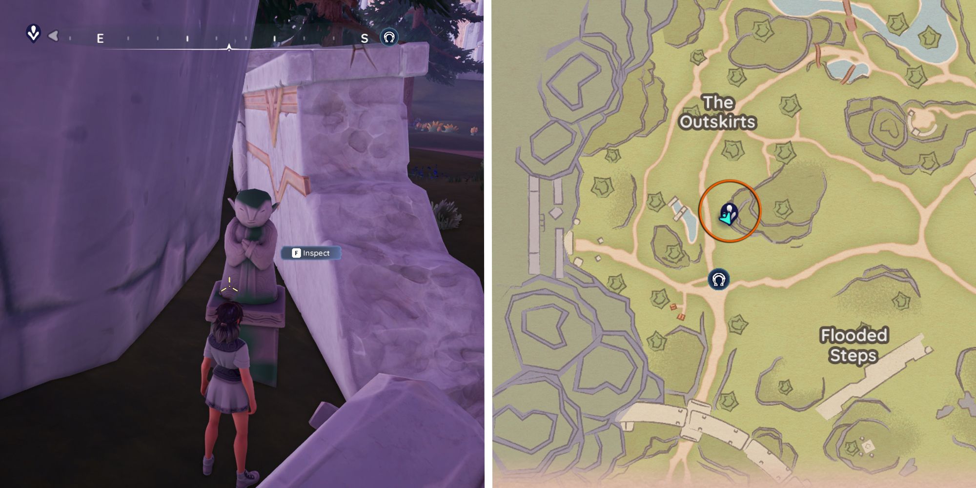 split image showing player standing next to a statue, next to image of location circled on map