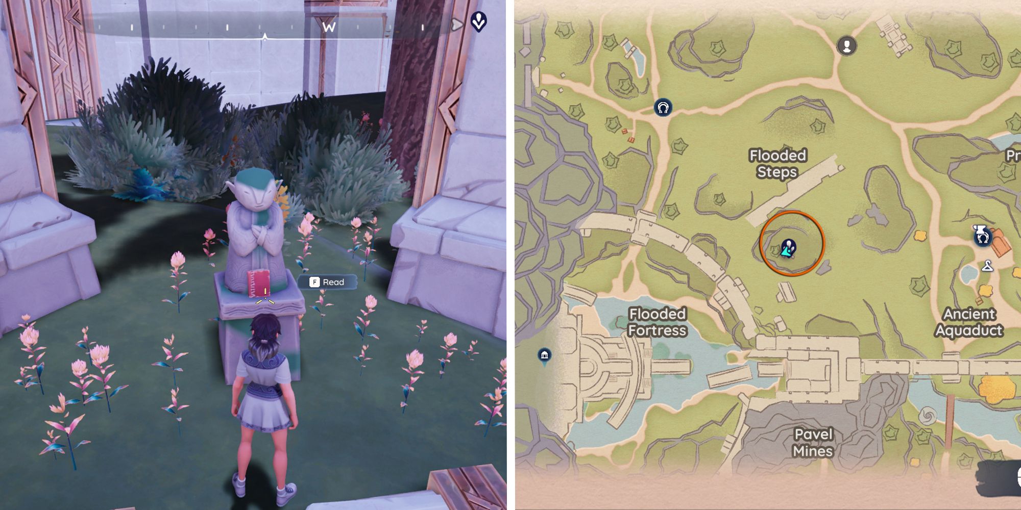 split image showing player standing next to a statue, next to image of location circled on map