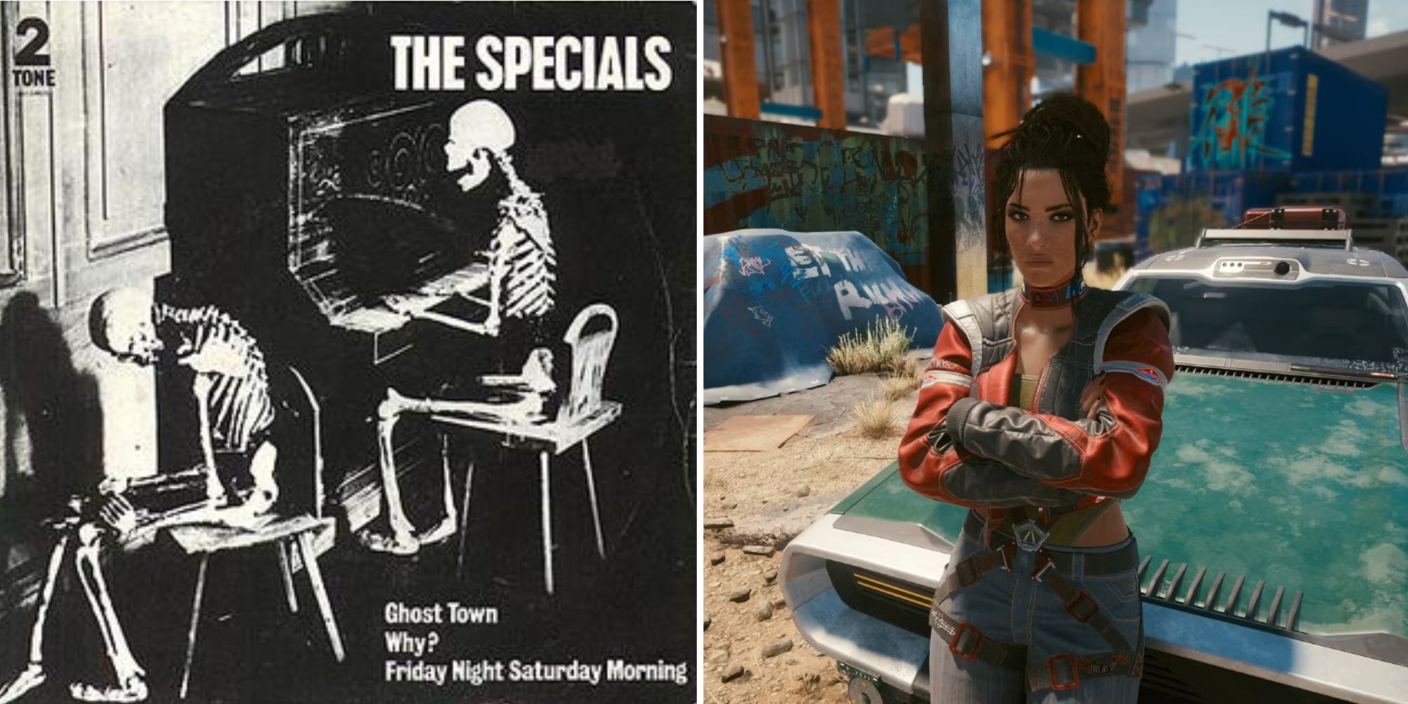Panam from the Ghost Town mission with album art for the song of the same name