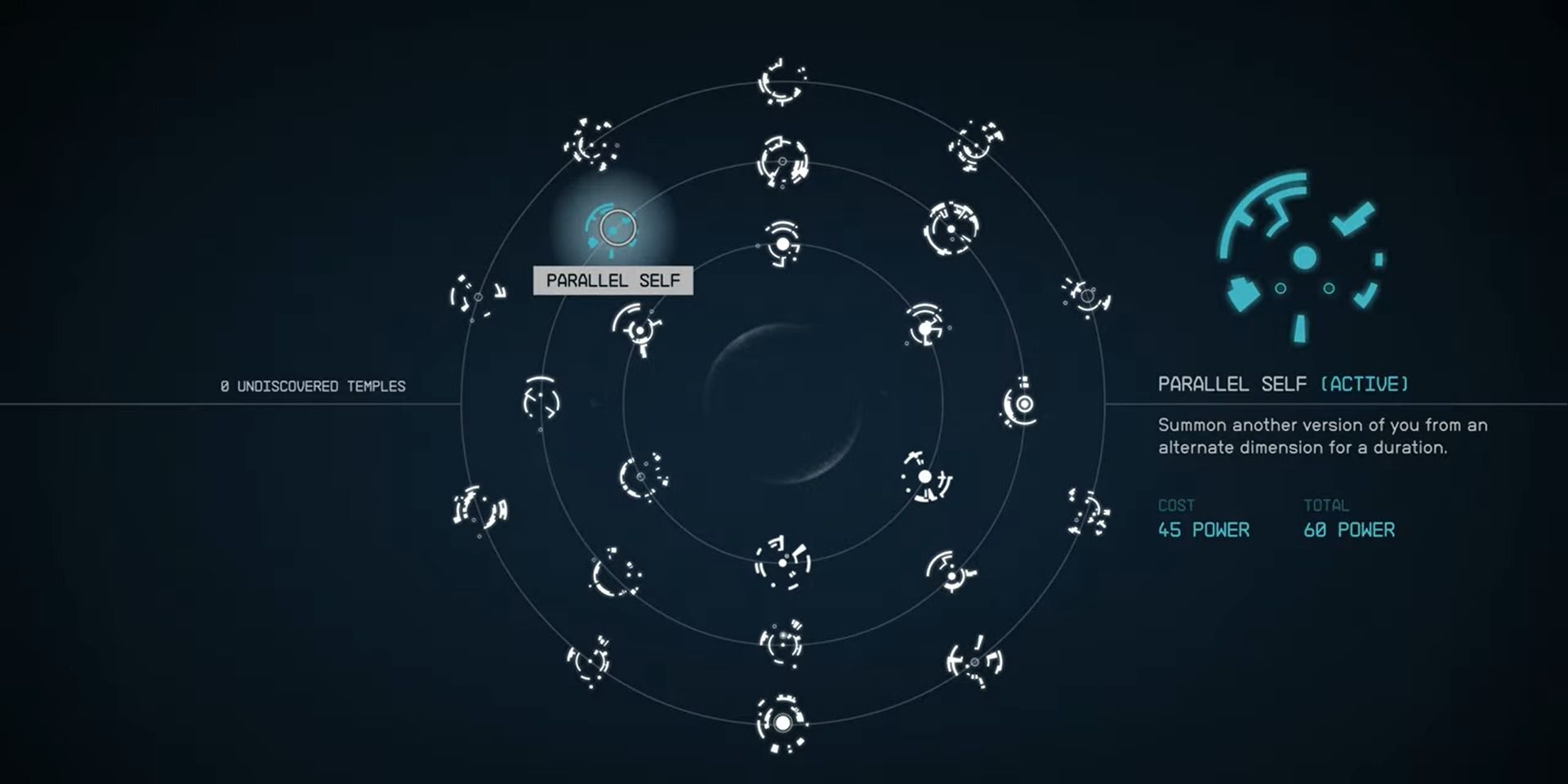 Menu view of Starfield's powers, highlighting Parallel Self