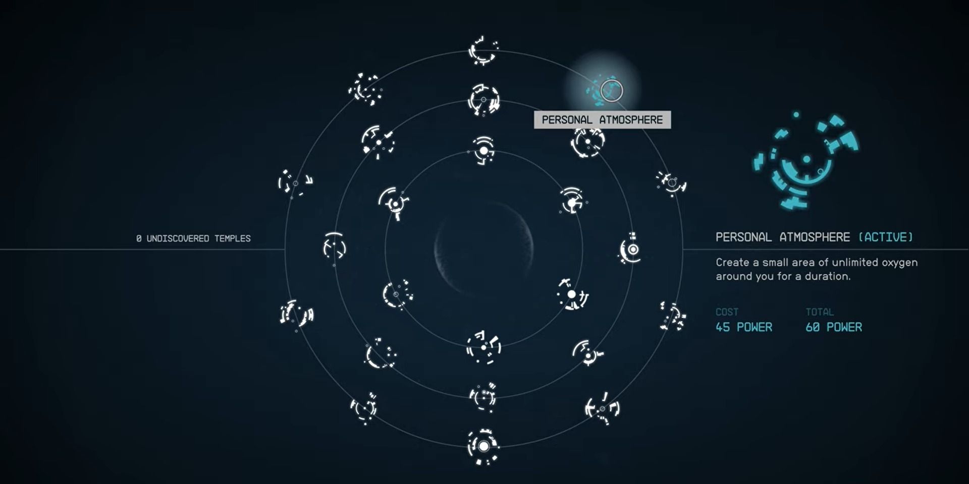 Menu view of Starfield's powers, highlighting Personal Atmosphere