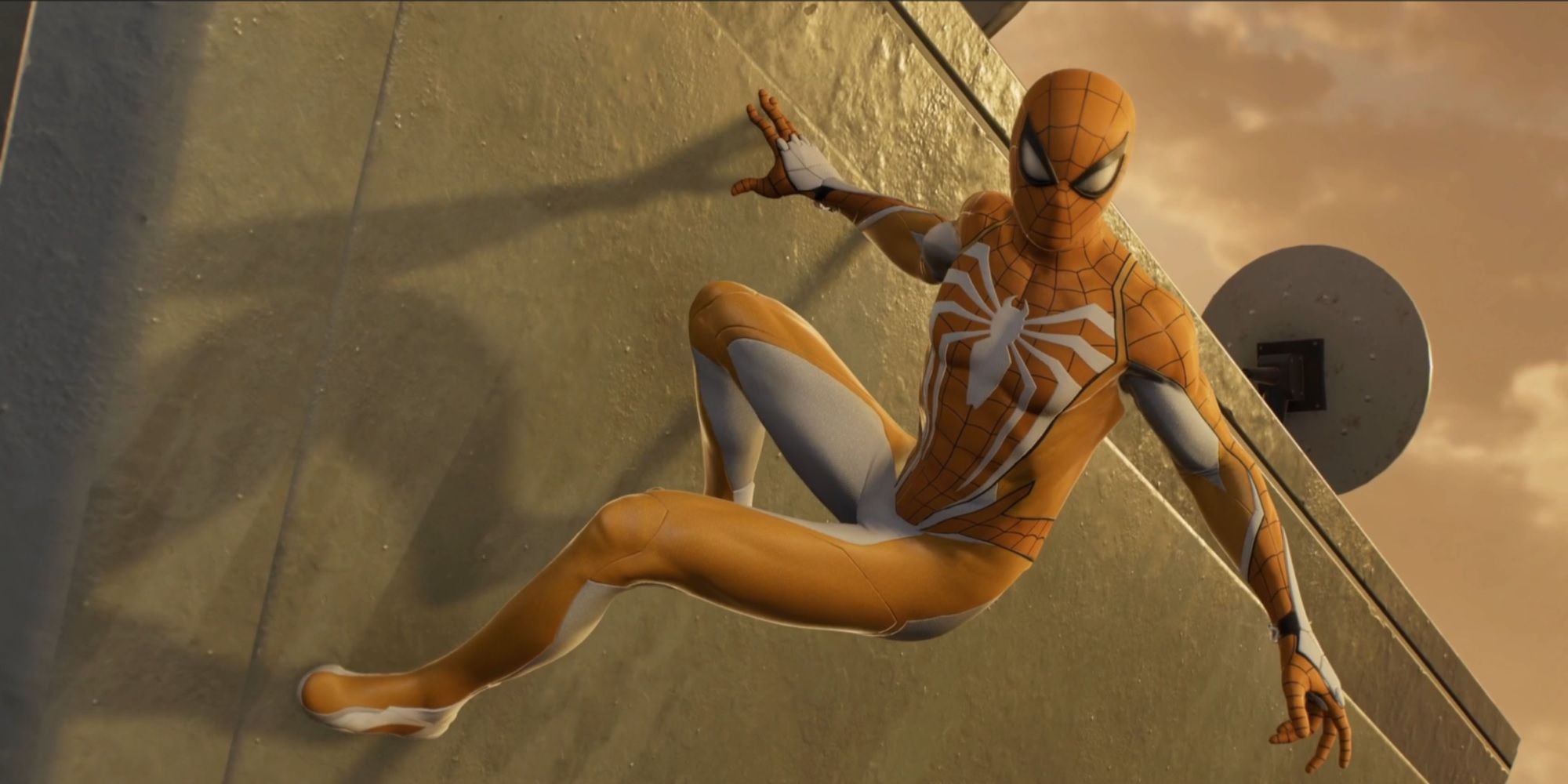 Peter Parker in Spider-Man 2 hanging from a wall at dusk