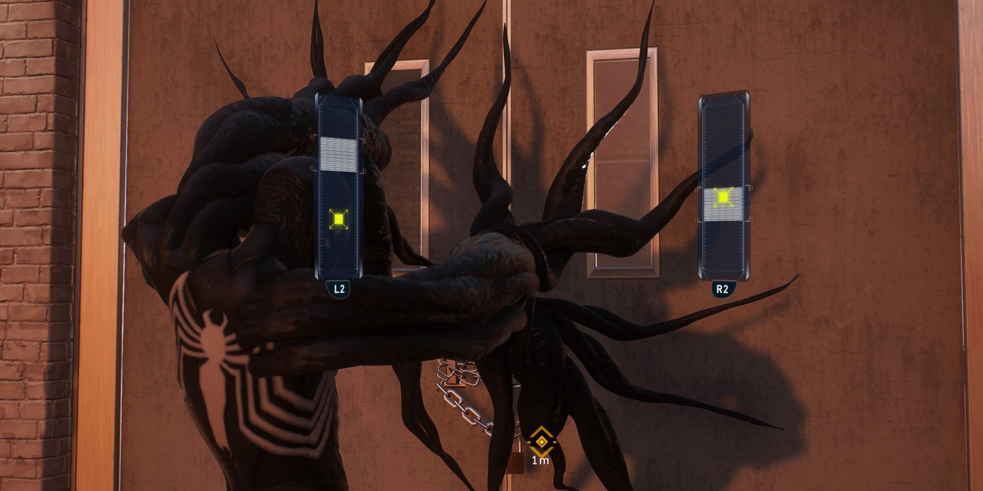 Peter Parker in the Symbiote suit doing the adaptive trigger mini game in Marvel's Spider-Man 2