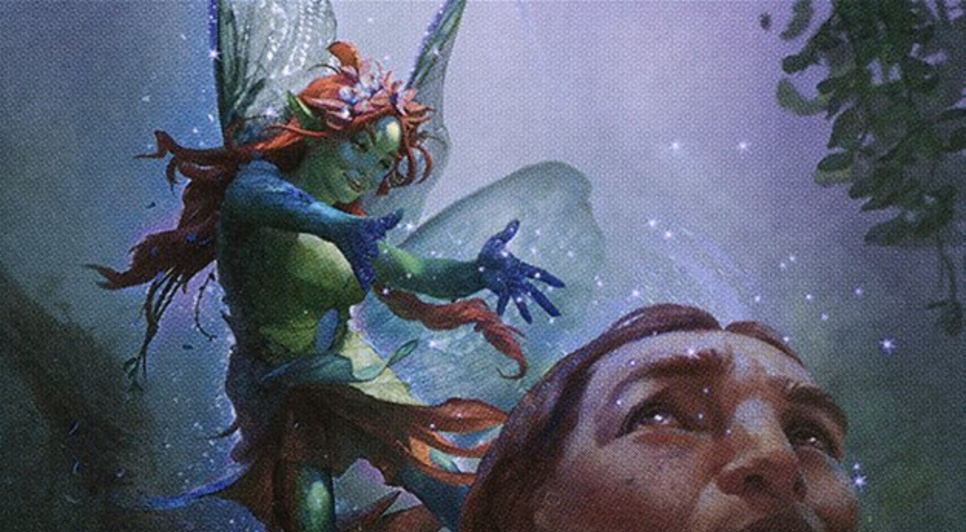 A green pixie floats around someone's head